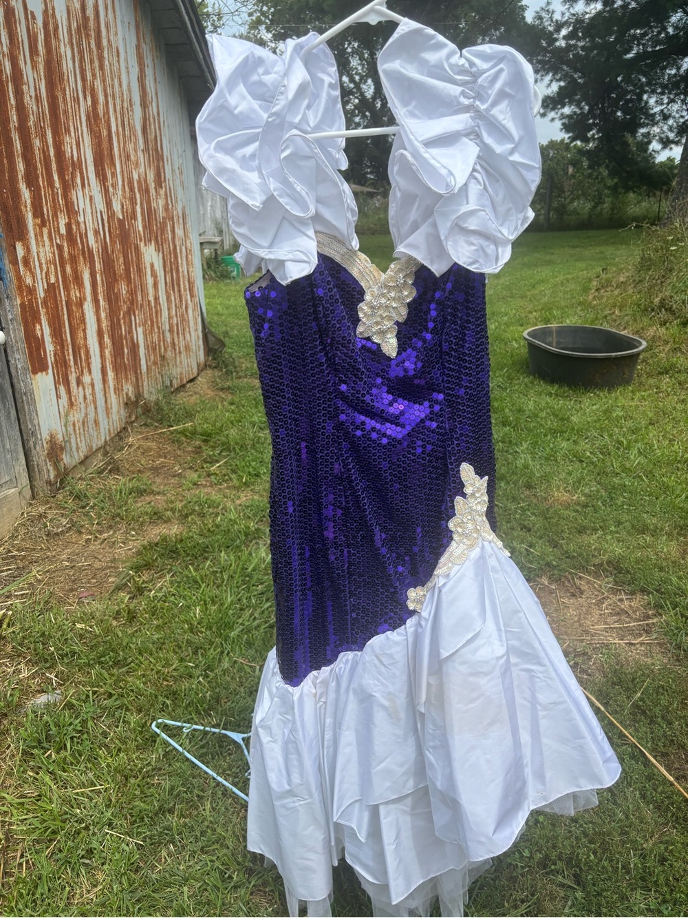 Vintage 80s Loralie Purple Sequin White Taffeta Prom Dress Gown - Size 14